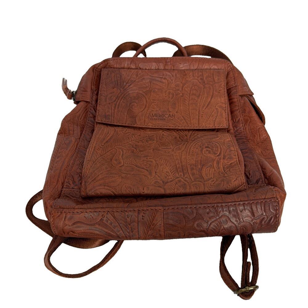 American Leather Co Liberty Leather Backpack Bag Purse Brown Tooled Classic